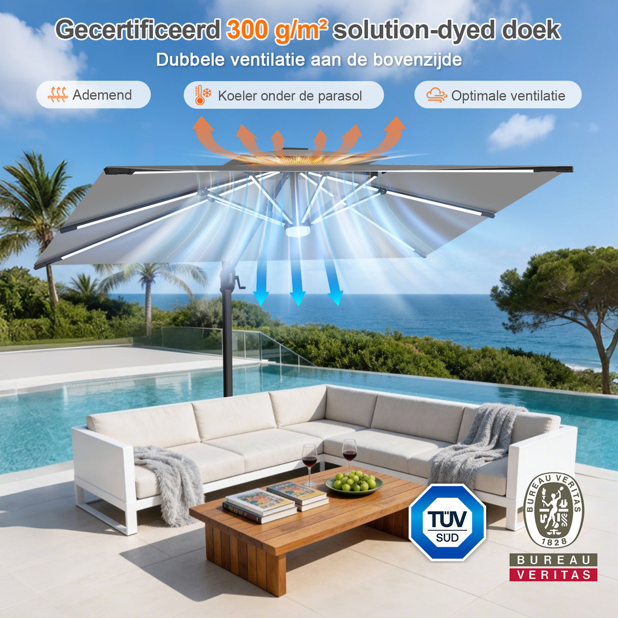 Patioslife Aegis Premium Zweefparasol – 360° Draaibaar met LED-Verlichting – Gepoedercoat Aluminium Frame – Glasvezel Baleinen – Tuin & Terras