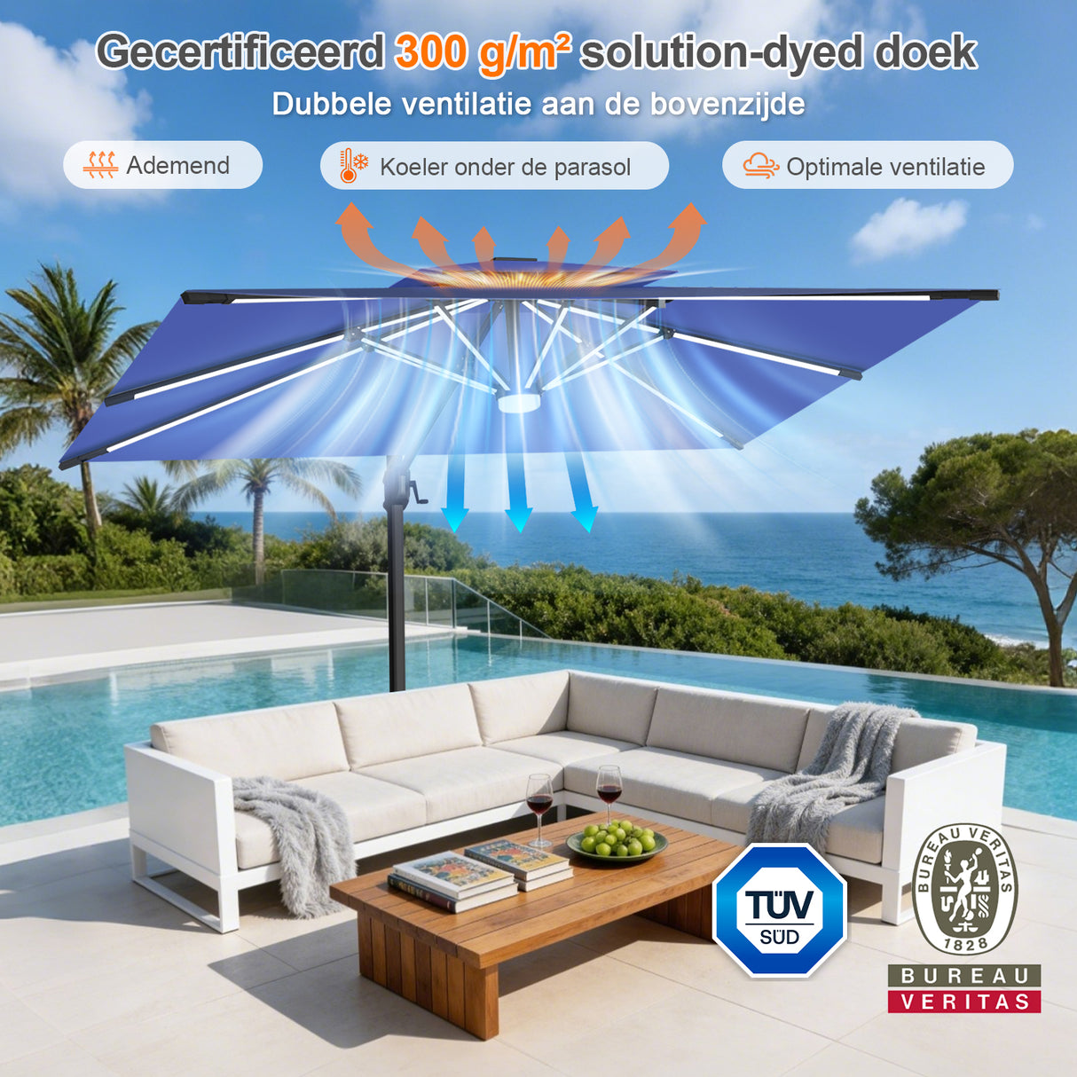 Patioslife Aegis Premium Zweefparasol – 360° Draaibaar met LED-Verlichting – Gepoedercoat Aluminium Frame – Glasvezel Baleinen – Tuin & Terras