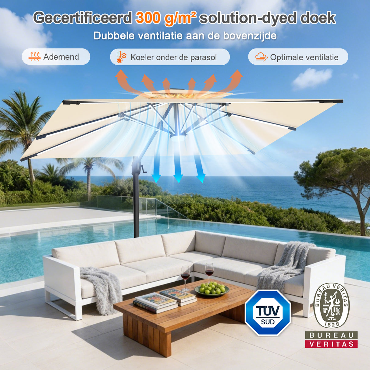 Patioslife Aegis Premium Zweefparasol – 360° Draaibaar met LED-Verlichting – Gepoedercoat Aluminium Frame – Glasvezel Baleinen – Tuin & Terras