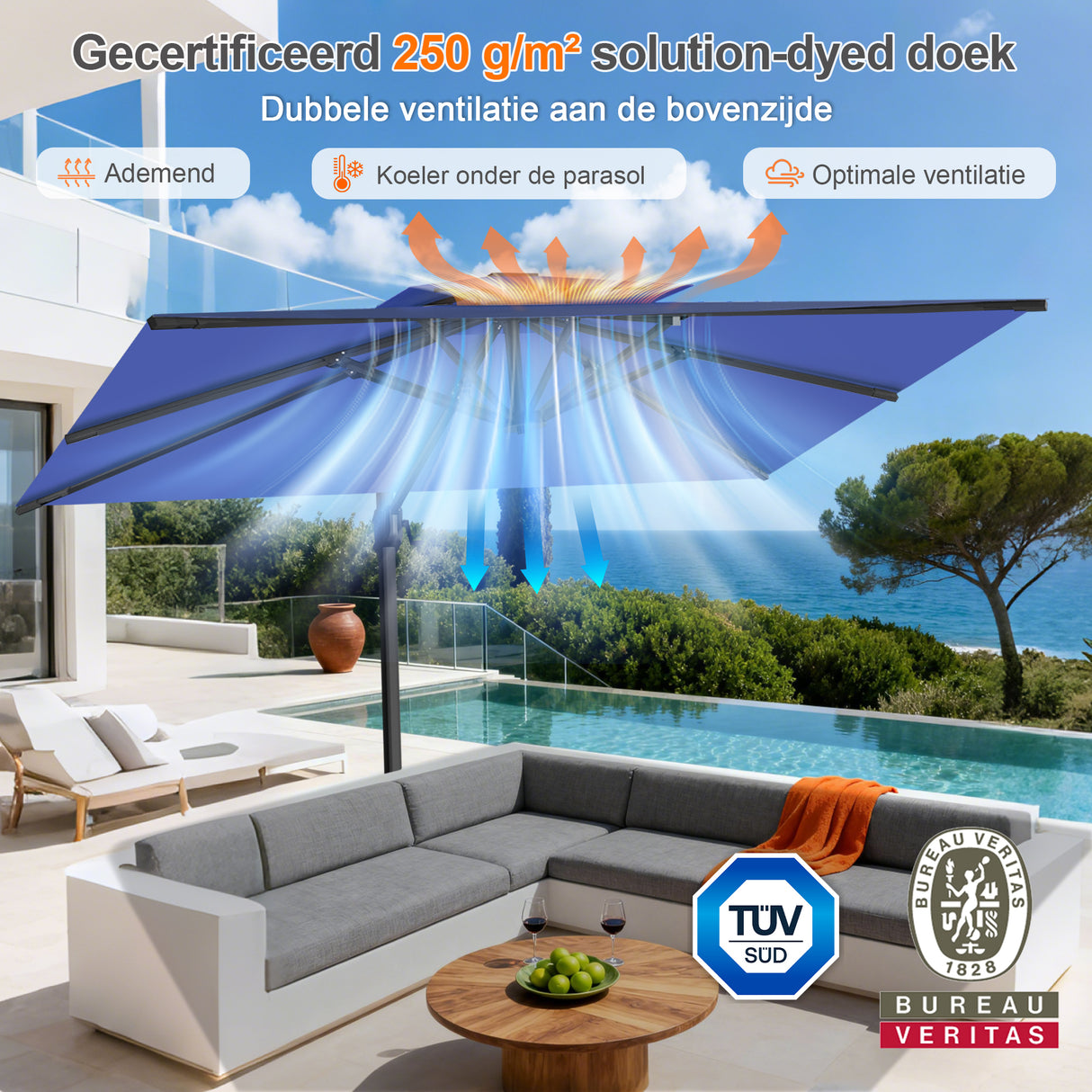 Patioslife Aegis Pro™ Cantilever Parasol met Kruisvoet — Robuust Frame en Poedergecoat Aluminium Paal voor Tuin en Terras