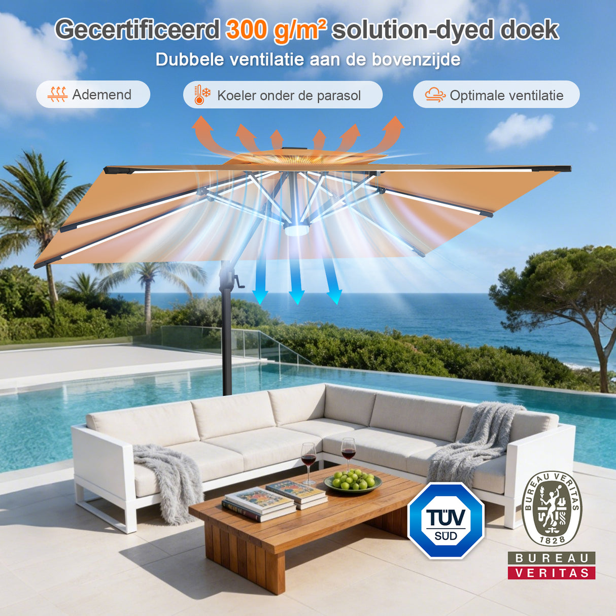 Patioslife Aegis Premium Zweefparasol – 360° Draaibaar met LED-Verlichting – Gepoedercoat Aluminium Frame – Glasvezel Baleinen – Tuin & Terras