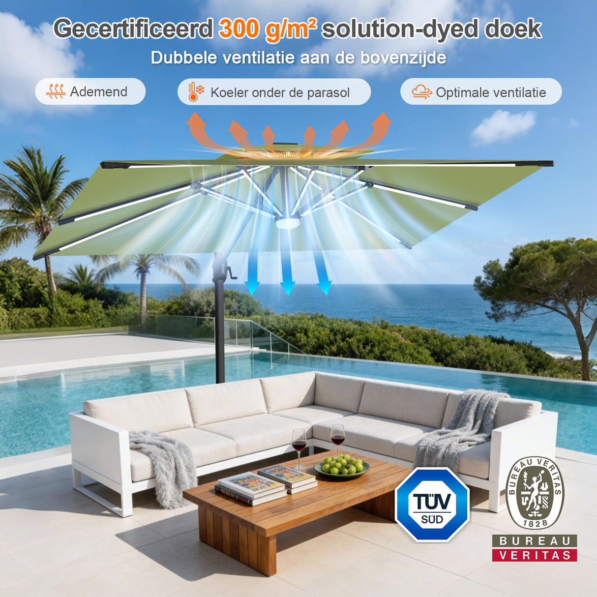 Patioslife Aegis Premium Zweefparasol – 360° Draaibaar met LED-Verlichting – Gepoedercoat Aluminium Frame – Glasvezel Baleinen – Tuin & Terras