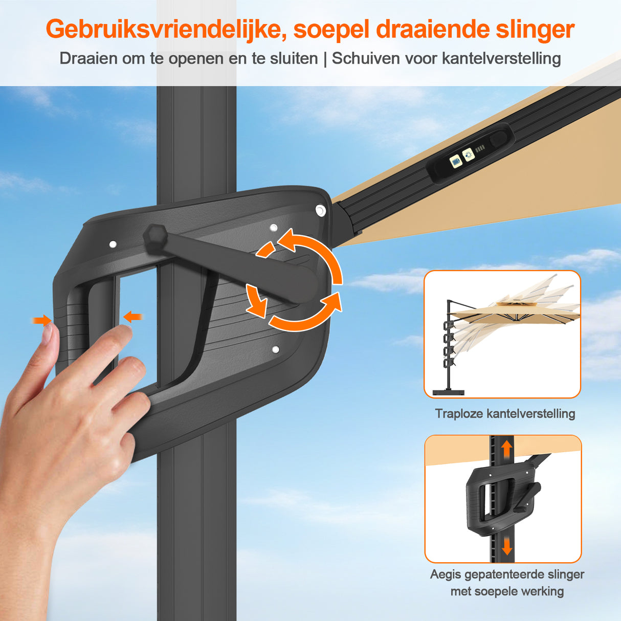 Patioslife Aegis Premium Zweefparasol – 360° Draaibaar met LED-Verlichting – Gepoedercoat Aluminium Frame – Glasvezel Baleinen – Tuin & Terras