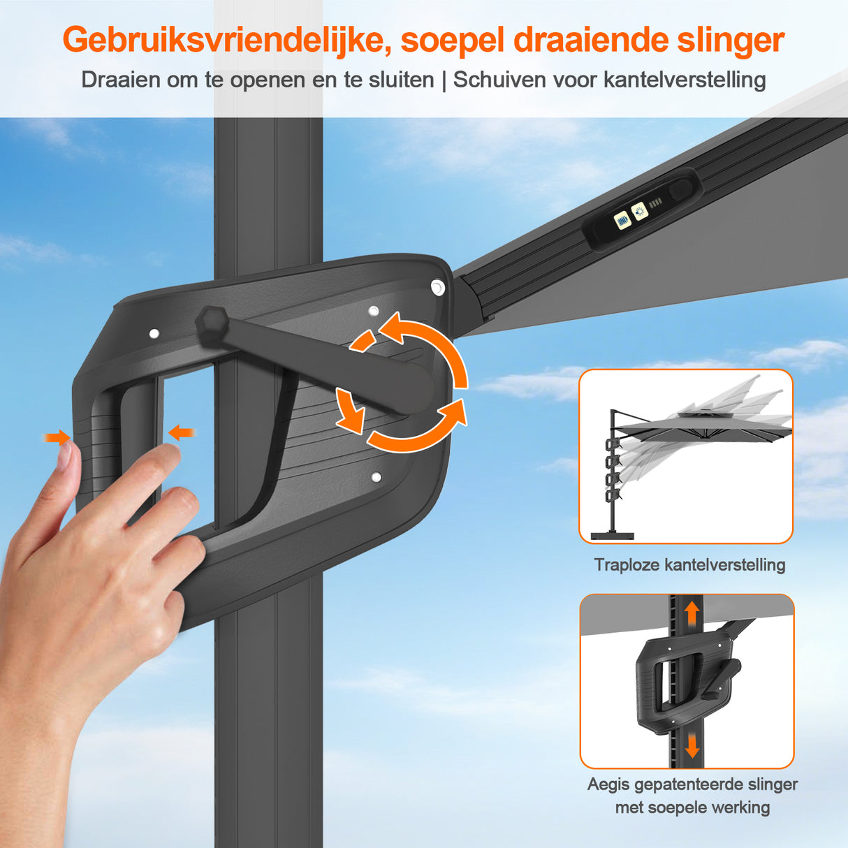 Patioslife Aegis Premium Zweefparasol – 360° Draaibaar met LED-Verlichting – Gepoedercoat Aluminium Frame – Glasvezel Baleinen – Tuin & Terras