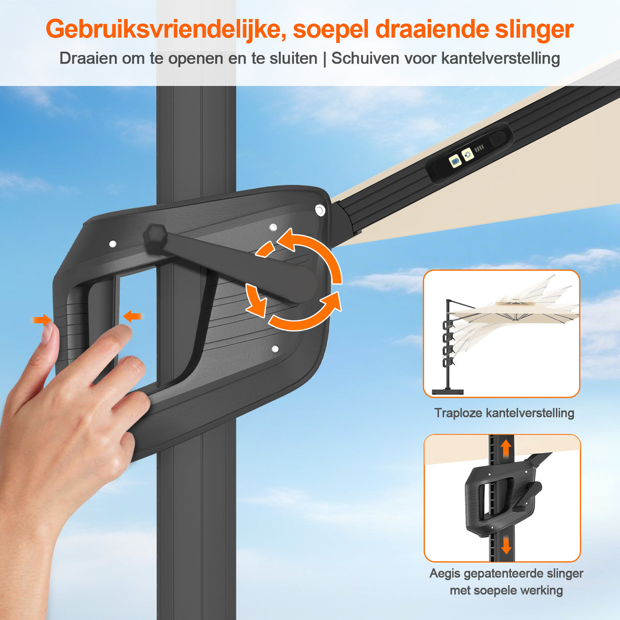 Patioslife Aegis Premium Zweefparasol – 360° Draaibaar met LED-Verlichting – Gepoedercoat Aluminium Frame – Glasvezel Baleinen – Tuin & Terras