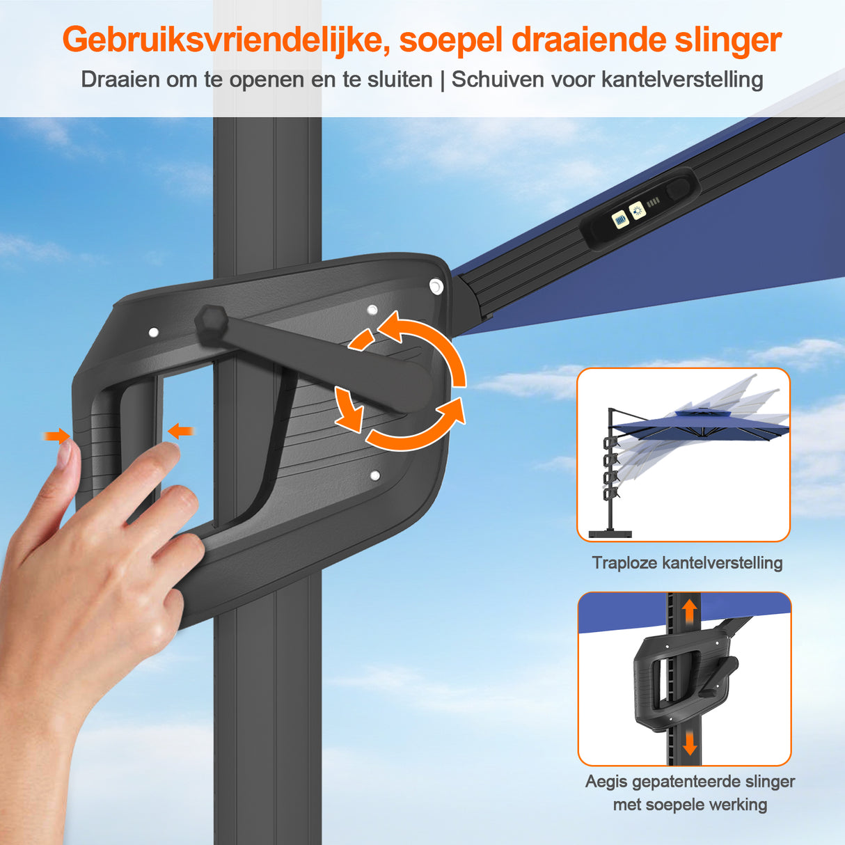 Patioslife Aegis Premium Zweefparasol – 360° Draaibaar met LED-Verlichting – Gepoedercoat Aluminium Frame – Glasvezel Baleinen – Tuin & Terras