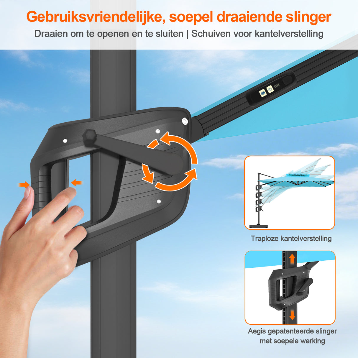 Patioslife Aegis Premium Zweefparasol – 360° Draaibaar met LED-Verlichting – Gepoedercoat Aluminium Frame – Glasvezel Baleinen – Tuin & Terras