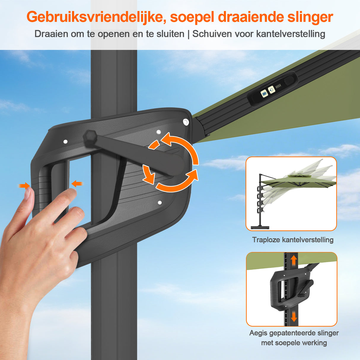 Patioslife Aegis Premium Zweefparasol – 360° Draaibaar met LED-Verlichting – Gepoedercoat Aluminium Frame – Glasvezel Baleinen – Tuin & Terras