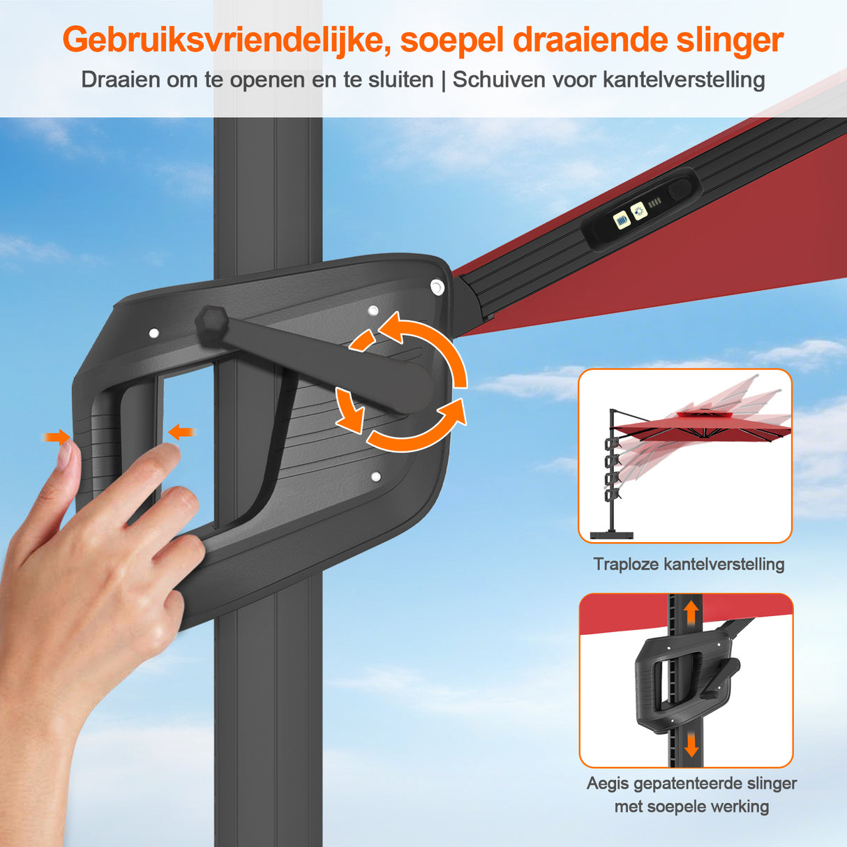 Patioslife Aegis Premium Zweefparasol – 360° Draaibaar met LED-Verlichting – Gepoedercoat Aluminium Frame – Glasvezel Baleinen – Tuin & Terras