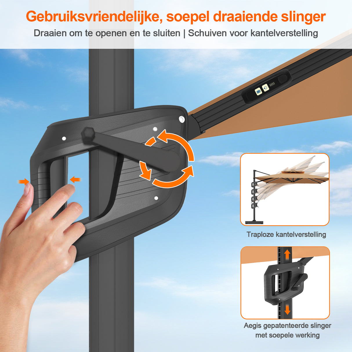 Patioslife Aegis Premium Zweefparasol – 360° Draaibaar met LED-Verlichting – Gepoedercoat Aluminium Frame – Glasvezel Baleinen – Tuin & Terras
