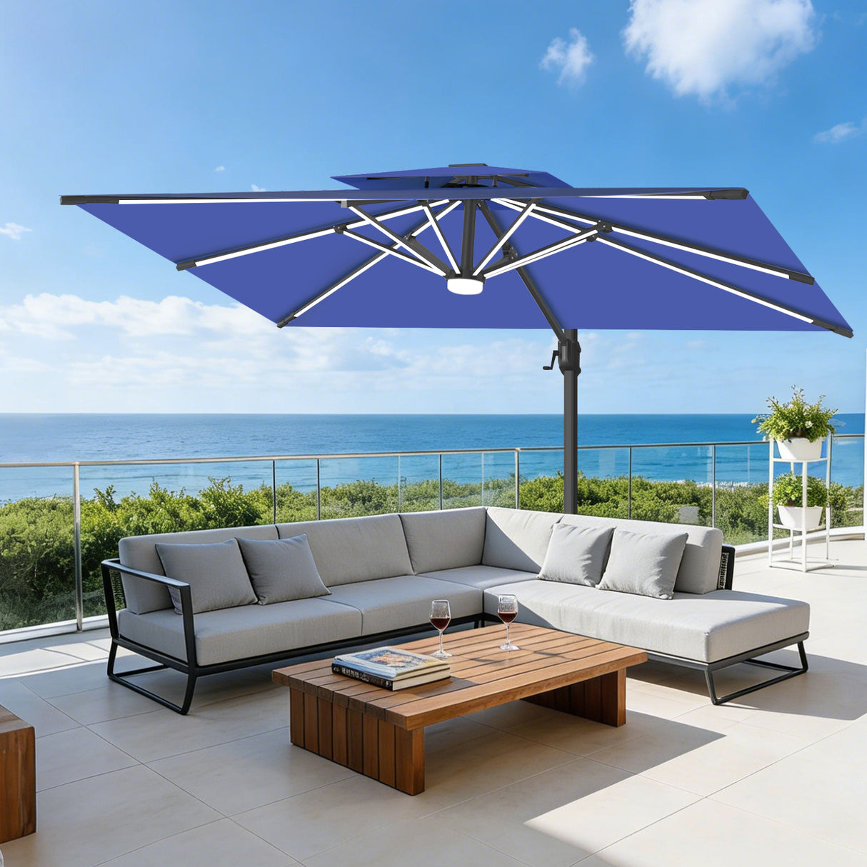 Patioslife Aegis Premium Zweefparasol – 360° Draaibaar met LED-Verlichting – Gepoedercoat Aluminium Frame – Glasvezel Baleinen – Tuin & Terras