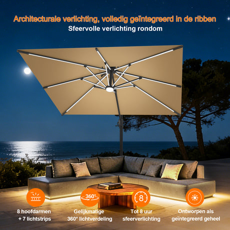 Patioslife Aegis Premium Cantilever Parasol met LED Verlichting, Glasvezel Ribs, Poedercoating Aluminium Stok & Beschermhoes — Luxe Tuin- en Terrasschaduw