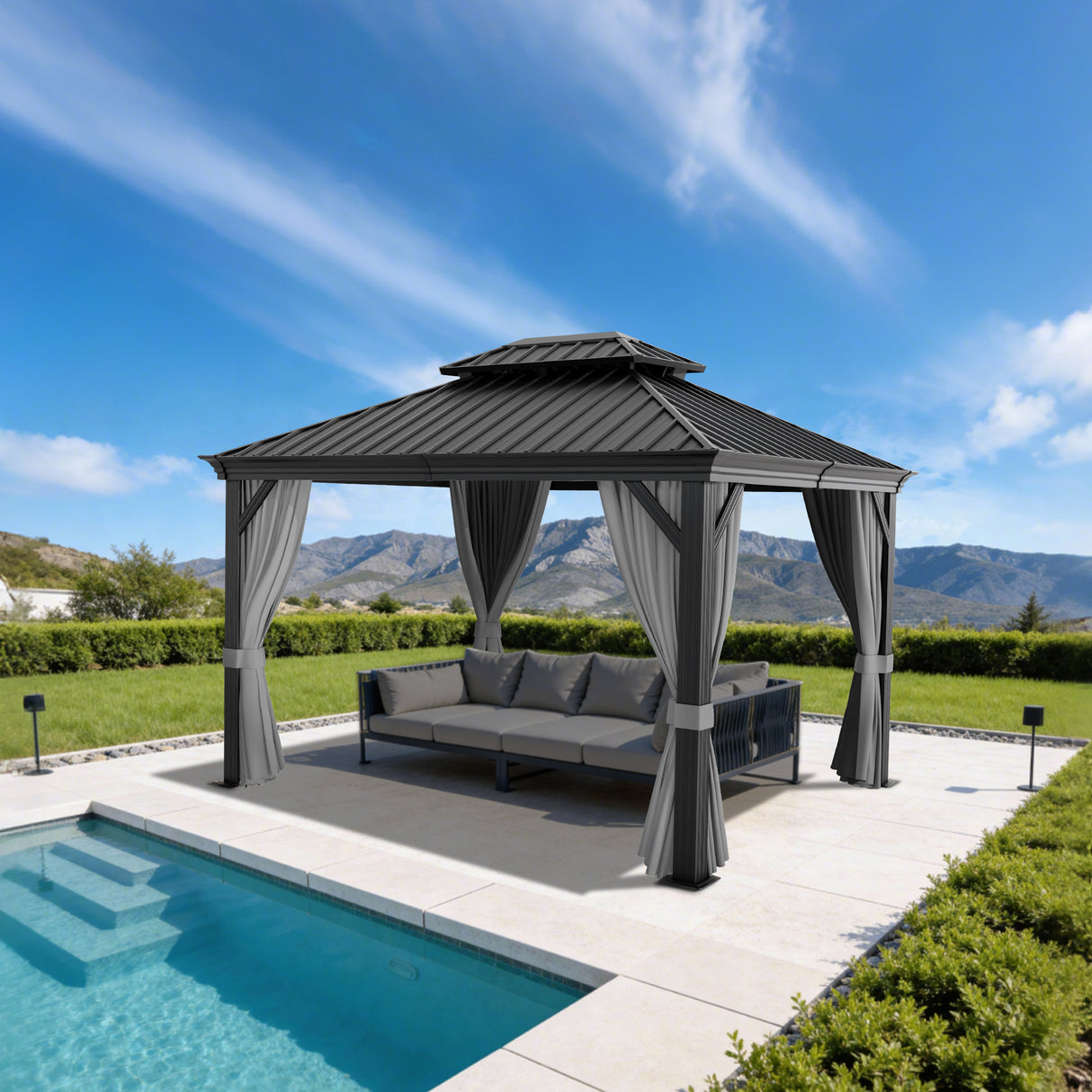 Patioslife Luxury Haven - Hardtop Prieel met Stijlvolle Houtlook - Geïntegreerde Waterafvoer - 5 Jaar Frame Garantie - Weersbestendig
