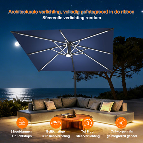 Patioslife Aegis Premium Cantilever Parasol met LED Verlichting, Glasvezel Ribs, Poedercoating Aluminium Stok & Beschermhoes — Luxe Tuin- en Terrasschaduw