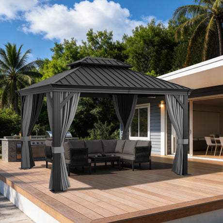 Hardtop Tuinpaviljoen - Luxe Houtnerf Design - Patioslife Luxury Haven - Incl. Afvoergoten & Gordijnen - 120x120mm Aluminium Palen - 100% Weerbestendig - Voor Tuin & Achtertuin