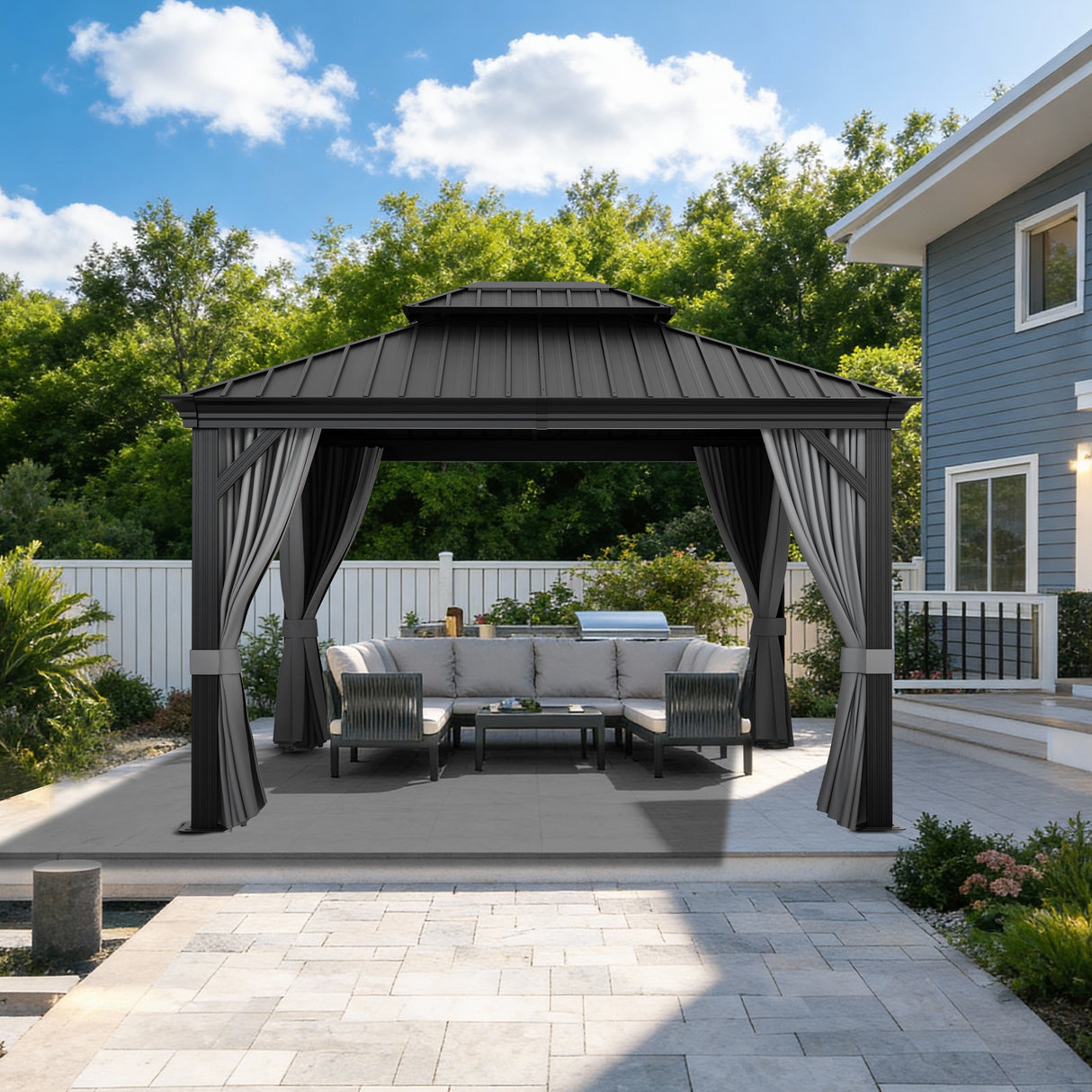 Patioslife Luxury Haven - Hardtop Prieel met Stijlvolle Houtlook - Geïntegreerde Waterafvoer - 5 Jaar Frame Garantie - Weersbestendig