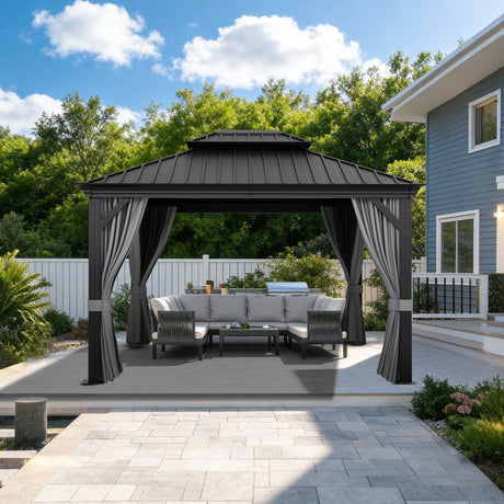 Hardtop Tuinpaviljoen - Luxe Houtnerf Design - Patioslife Luxury Haven - Incl. Afvoergoten & Gordijnen - 120x120mm Aluminium Palen - 100% Weerbestendig - Voor Tuin & Achtertuin