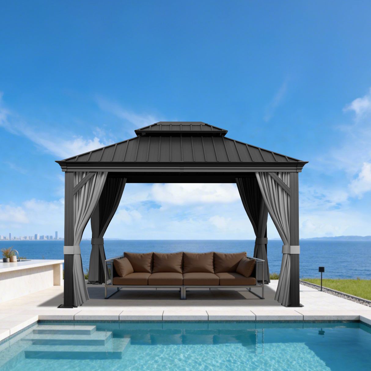 Patioslife Luxury Haven - Hardtop Prieel met Stijlvolle Houtlook - Geïntegreerde Waterafvoer - 5 Jaar Frame Garantie - Weersbestendig