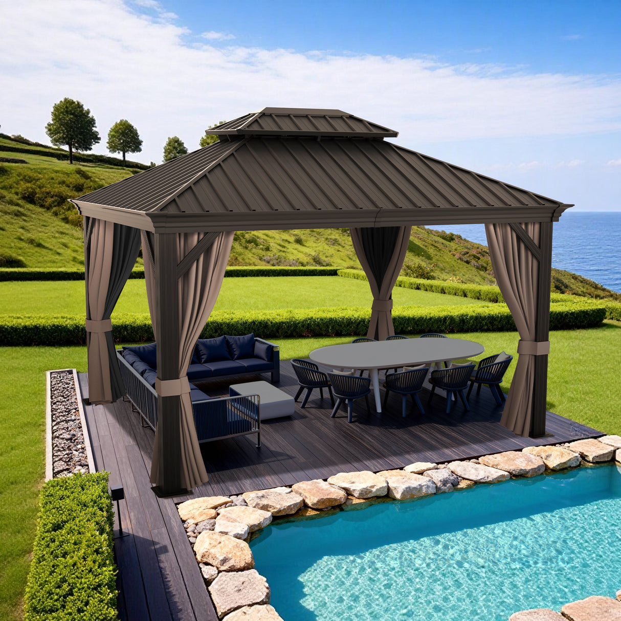 Patioslife Luxury Haven - Hardtop Prieel met Stijlvolle Houtlook - Geïntegreerde Waterafvoer - 5 Jaar Frame Garantie - Weersbestendig