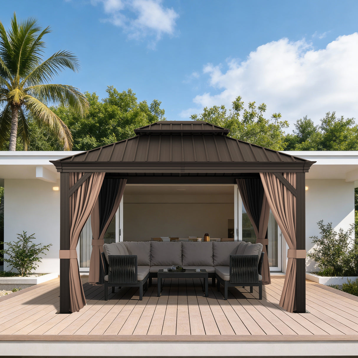 Patioslife Luxury Haven Hardtop Pergola met Afvoergoten, 120×120 mm Aluminium Palen, Dubbel Geventileerd Dak en Gordijnen | Populairste Keuze voor Tuin of Achtertuin