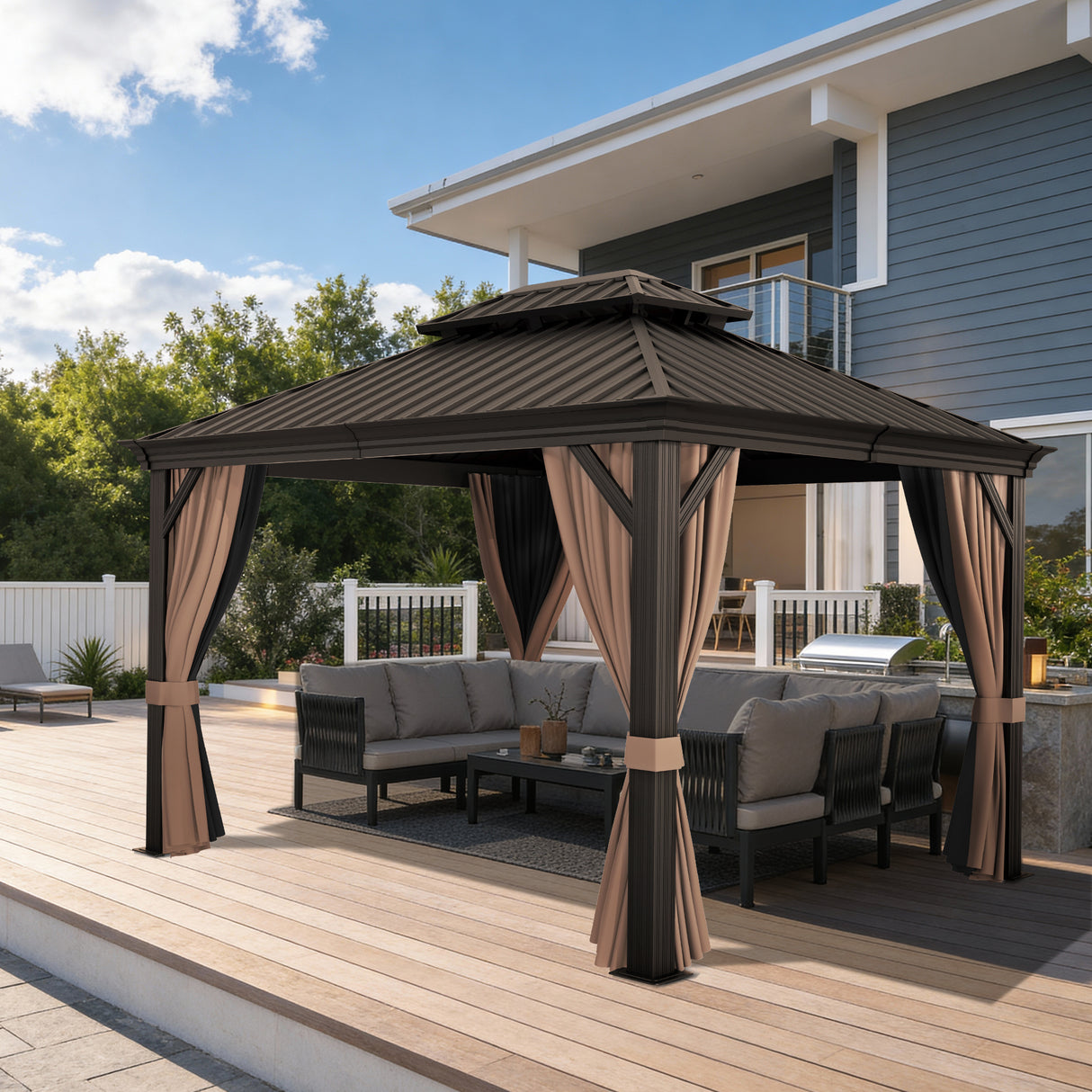 Patioslife Luxury Haven - Hardtop Prieel met Stijlvolle Houtlook - Geïntegreerde Waterafvoer - 5 Jaar Frame Garantie - Weersbestendig