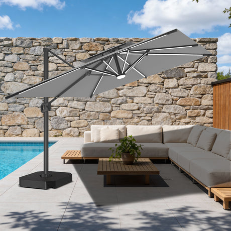 Patioslife Aegis Premium Cantilever Parasol met LED Verlichting, Glasvezel Ribs, Poedercoating Aluminium Stok & Beschermhoes — Luxe Tuin- en Terrasschaduw