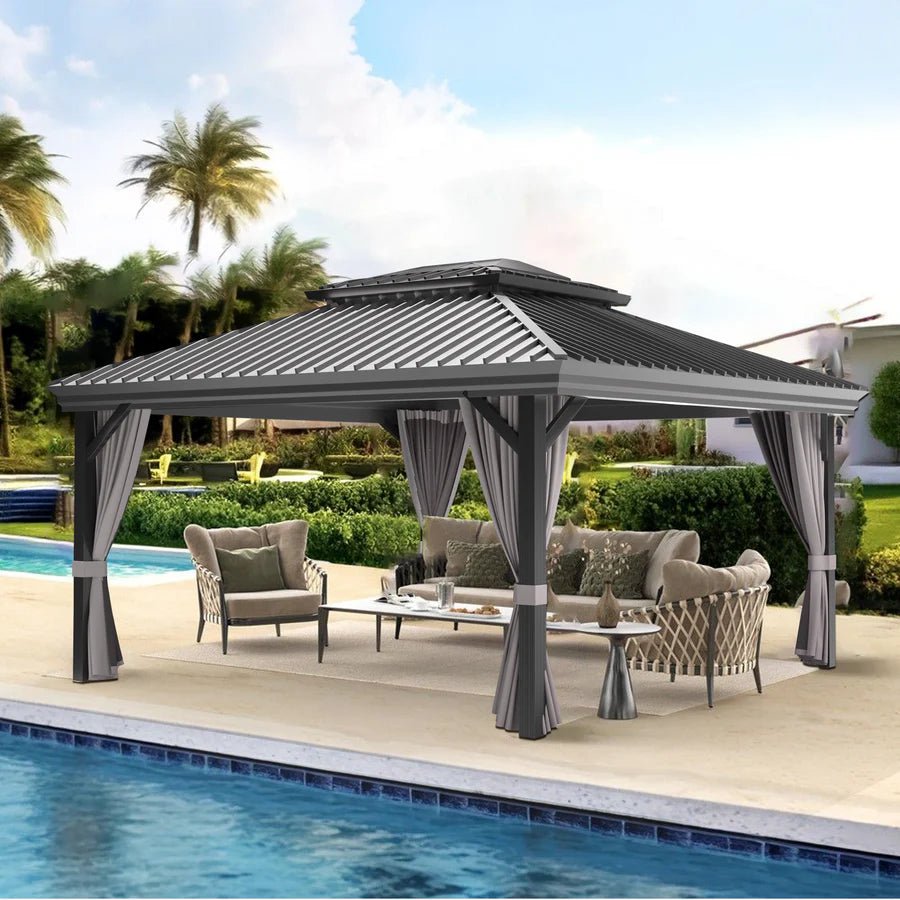 Patioslife Luxury Haven Hardtop Pergola met Afvoergoten, 120×120 mm Aluminium Palen, Dubbel Geventileerd Dak en Gordijnen | Populairste Keuze voor Tuin of Achtertuin
