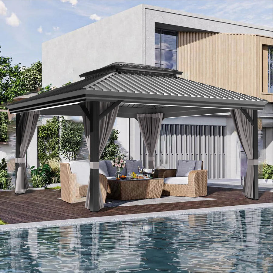 Patioslife Luxury Haven Hardtop Pergola met Afvoergoten, 120×120 mm Aluminium Palen, Dubbel Geventileerd Dak en Gordijnen | Populairste Keuze voor Tuin of Achtertuin