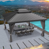 Patioslife Haven，Gazebo，Hardtop，Aluminum Frame，Ventilated Roof，Curtains，Brown Finish，Outdoor Shelter，Backyard Pergola，Garden Pavilion，Outdoor Entertaining，Weatherproof，Sunshade & Rain Protection，Modern Outdoor Furniture，Luxury Patio Structure，Contemporary Design，Premium Outdoor Living