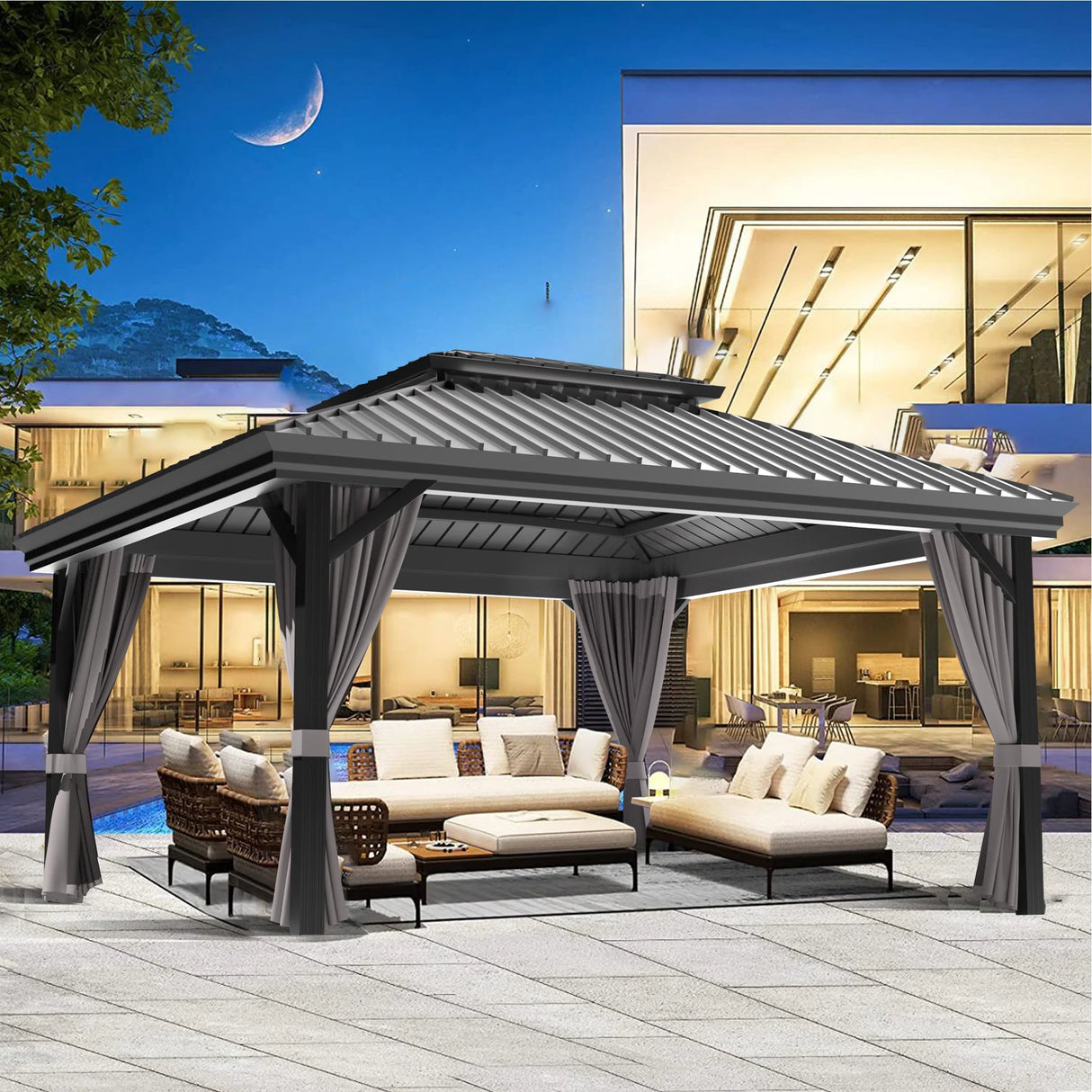 Patioslife Luxury Haven Hardtop Pergola met Afvoergoten, 120×120 mm Aluminium Palen, Dubbel Geventileerd Dak en Gordijnen | Populairste Keuze voor Tuin of Achtertuin