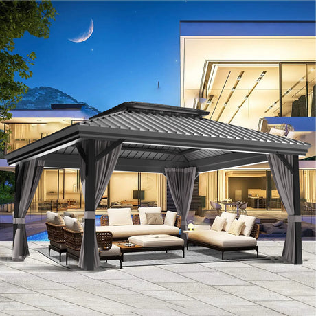 Patioslife Luxury Haven Hardtop Pergola met Afvoergoten, 120×120 mm Aluminium Palen, Dubbel Geventileerd Dak en Gordijnen | Populairste Keuze voor Tuin of Achtertuin