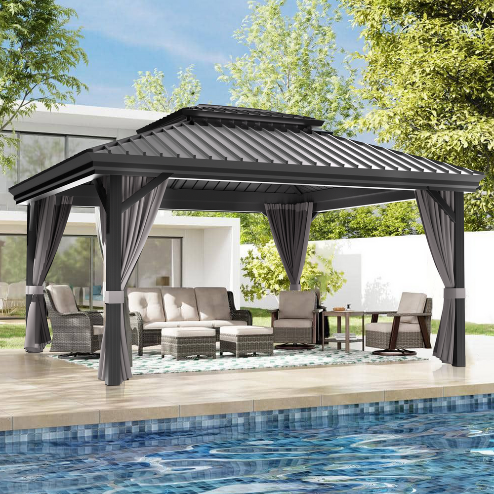 Patioslife Luxury Haven Hardtop Pergola met Afvoergoten, 120×120 mm Aluminium Palen, Dubbel Geventileerd Dak en Gordijnen | Populairste Keuze voor Tuin of Achtertuin