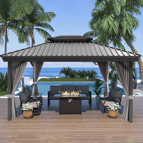 Patioslife Luxury Haven Hardtop Pergola met Afvoergoten, 120×120 mm Aluminium Palen, Dubbel Geventileerd Dak en Gordijnen | Populairste Keuze voor Tuin of Achtertuin