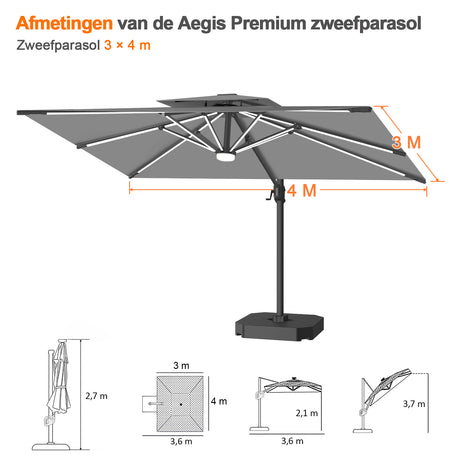 Patioslife Aegis Premium Cantilever Parasol met LED Verlichting, Glasvezel Ribs, Poedercoating Aluminium Stok & Beschermhoes — Luxe Tuin- en Terrasschaduw
