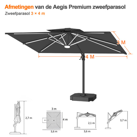 Patioslife Aegis Premium Cantilever Parasol met LED Verlichting, Glasvezel Ribs, Poedercoating Aluminium Stok & Beschermhoes — Luxe Tuin- en Terrasschaduw