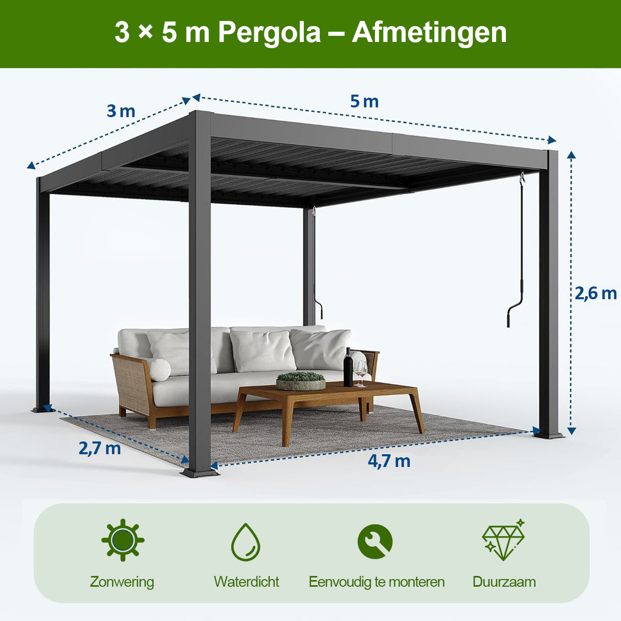 Patioslife Atlantic™ | Aluminium Lamel Pergola met Verstelbaar Dak en LED Verlichting, Vrijstaande Buiten Shelter voor Patio, Terras en Zwembad