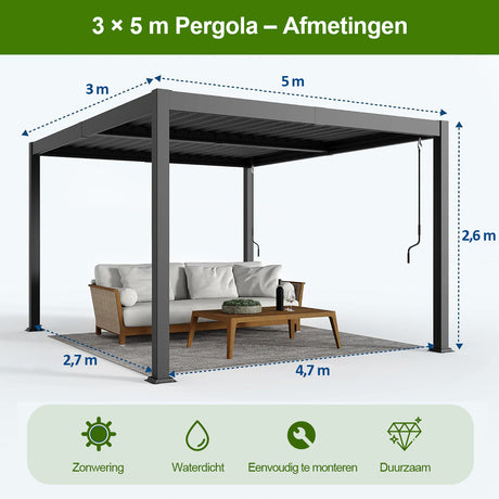 Patioslife Atlantic™ | Aluminium Lamel Pergola met Verstelbaar Dak en LED Verlichting, Vrijstaande Buiten Shelter voor Patio, Terras en Zwembad