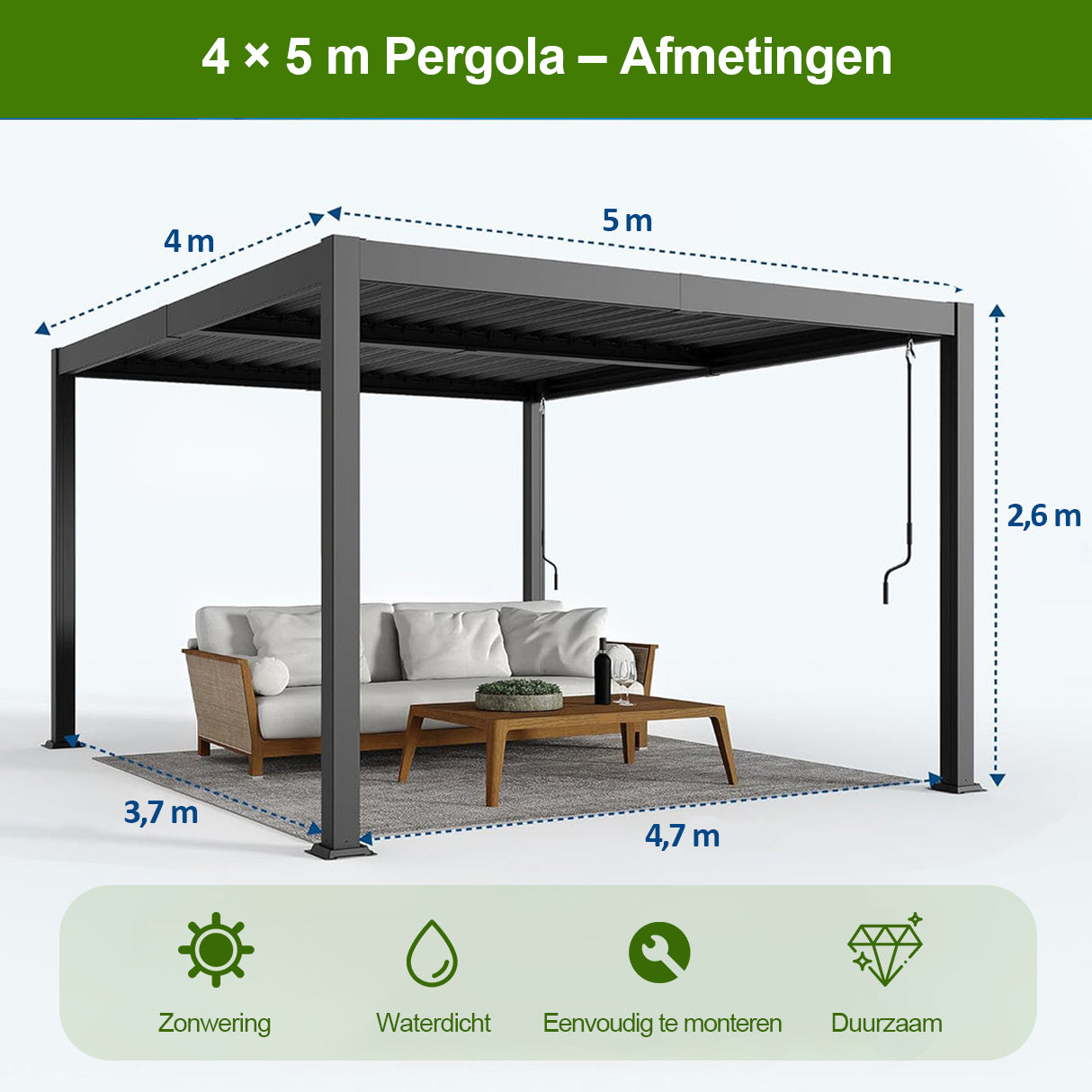 Patioslife Atlantic™ | Aluminium Lamel Pergola met Verstelbaar Dak en LED Verlichting, Vrijstaande Buiten Shelter voor Patio, Terras en Zwembad