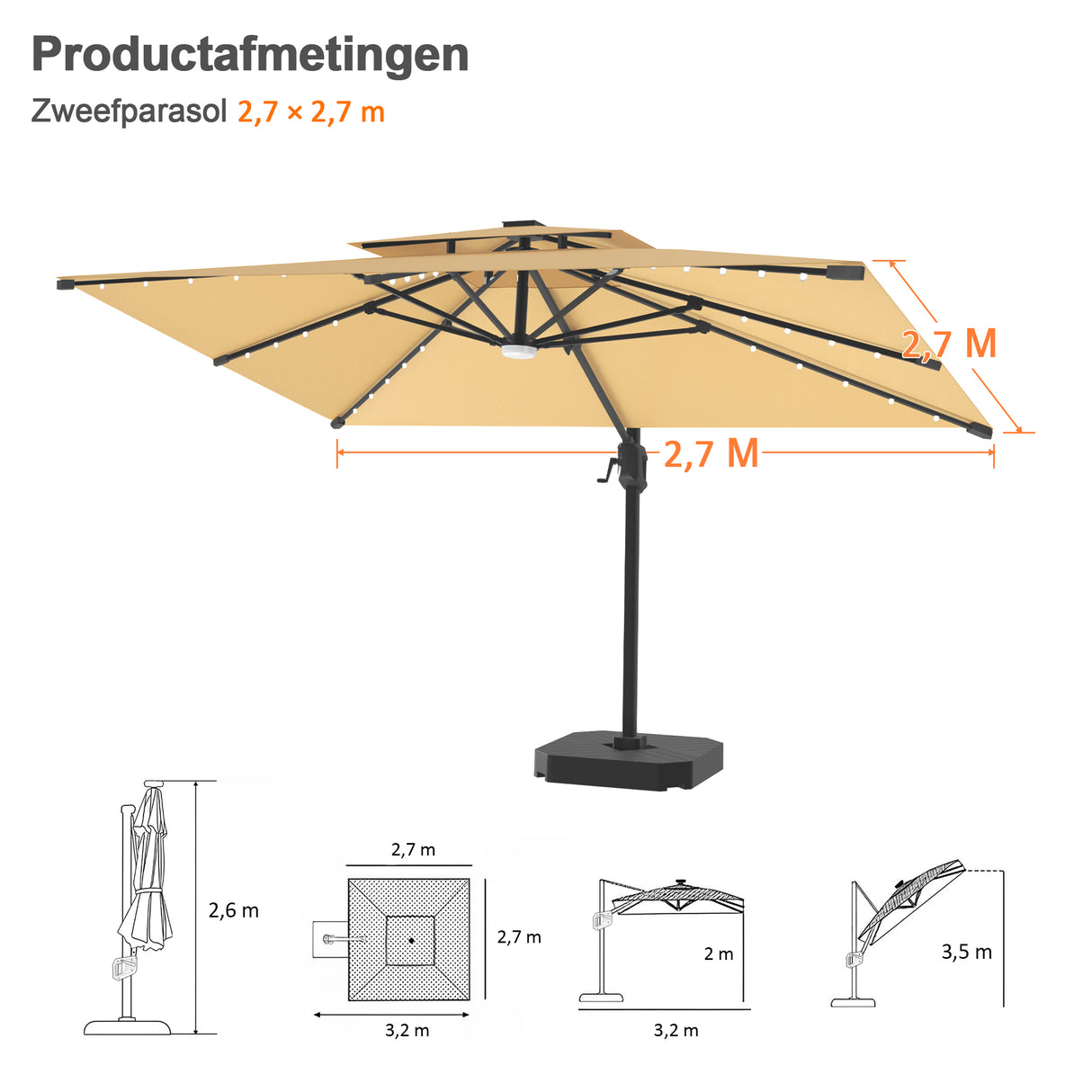 Patioslife Aegis Pro Cantilever Parasol met LED Verlichting, Versterkte Aluminium Ribben en Paal met Poedercoating — Perfect voor Tuin en Patio