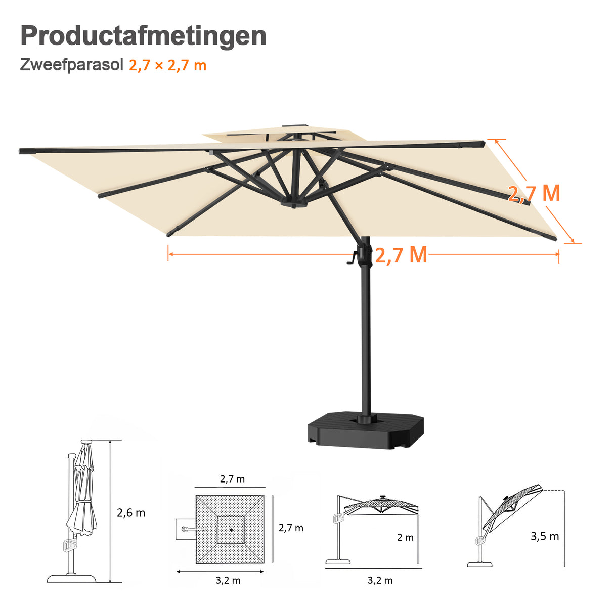 Patioslife Aegis Pro™ Cantilever Parasol met Kruisvoet — Robuust Frame en Poedergecoat Aluminium Paal voor Tuin en Terras