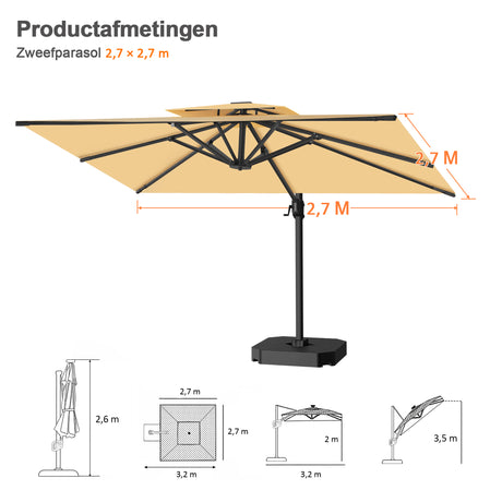 Patioslife Aegis Pro™ Cantilever Parasol met Kruisvoet — Robuust Frame en Poedergecoat Aluminium Paal voor Tuin en Terras
