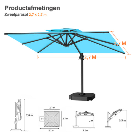 Patioslife Aegis Pro™ Cantilever Parasol met Kruisvoet — Robuust Frame en Poedergecoat Aluminium Paal voor Tuin en Terras