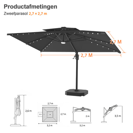 Patioslife Aegis Pro Cantilever Parasol met LED Verlichting, Versterkte Aluminium Ribben en Paal met Poedercoating — Perfect voor Tuin en Patio
