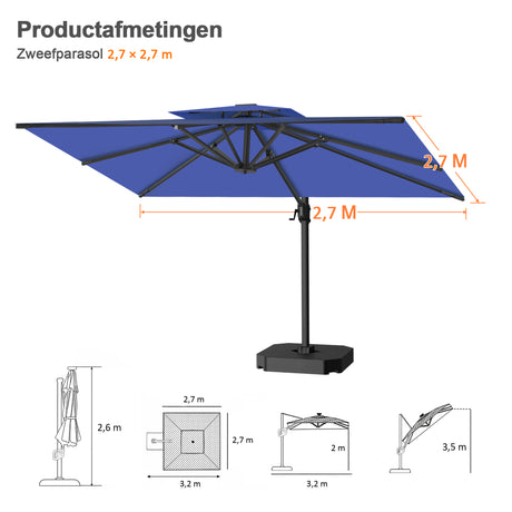 Patioslife Aegis Pro™ Cantilever Parasol met Kruisvoet — Robuust Frame en Poedergecoat Aluminium Paal voor Tuin en Terras