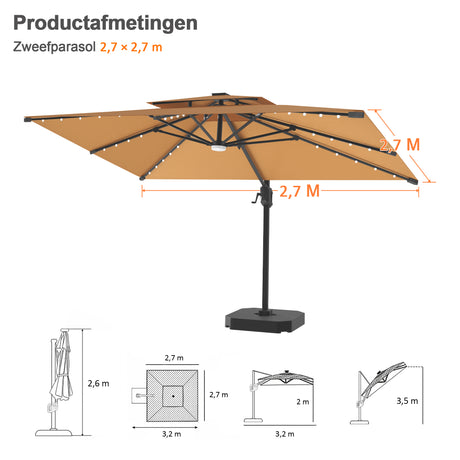 Patioslife Aegis Pro Cantilever Parasol met LED Verlichting, Versterkte Aluminium Ribben en Paal met Poedercoating — Perfect voor Tuin en Patio