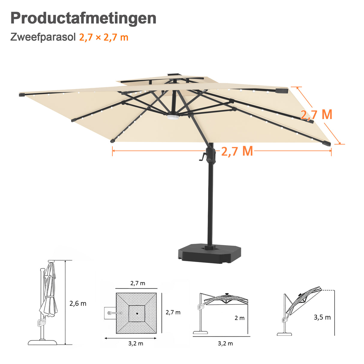 Patioslife Aegis Pro Cantilever Parasol met LED Verlichting, Versterkte Aluminium Ribben en Paal met Poedercoating — Perfect voor Tuin en Patio