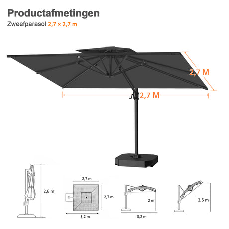 Patioslife Aegis Pro™ Cantilever Parasol met Kruisvoet — Robuust Frame en Poedergecoat Aluminium Paal voor Tuin en Terras