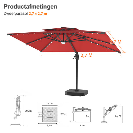 Patioslife Aegis Pro Cantilever Parasol met LED Verlichting, Versterkte Aluminium Ribben en Paal met Poedercoating — Perfect voor Tuin en Patio