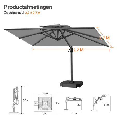 Patioslife Aegis Pro™ Cantilever Parasol met Kruisvoet — Robuust Frame en Poedergecoat Aluminium Paal voor Tuin en Terras
