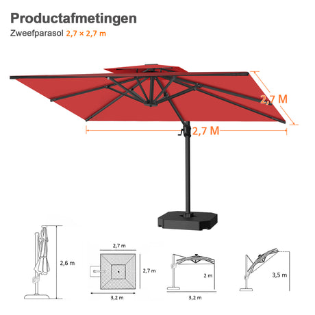 Patioslife Aegis Pro™ Cantilever Parasol met Kruisvoet — Robuust Frame en Poedergecoat Aluminium Paal voor Tuin en Terras